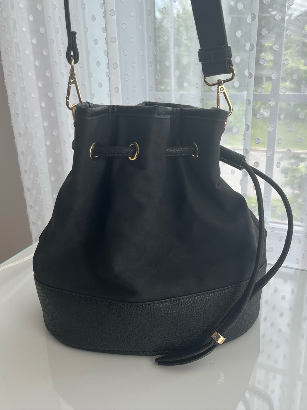 Stila Black Drawstring Bucket Crossbody Bag
